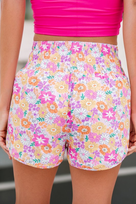 Boho Floral Shirred High Waist Casual Shorts