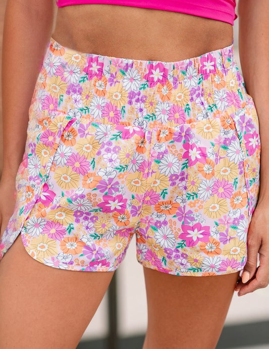 Boho Floral Shirred High Waist Casual Shorts