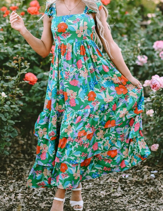 Floral Print Sleeveless Ruffle Tiered Maxi Dress