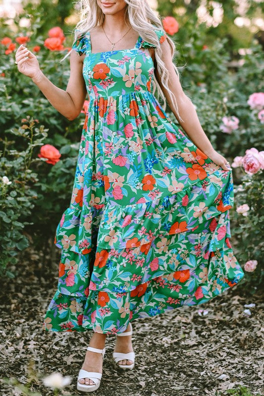 Floral Print Sleeveless Ruffle Tiered Maxi Dress