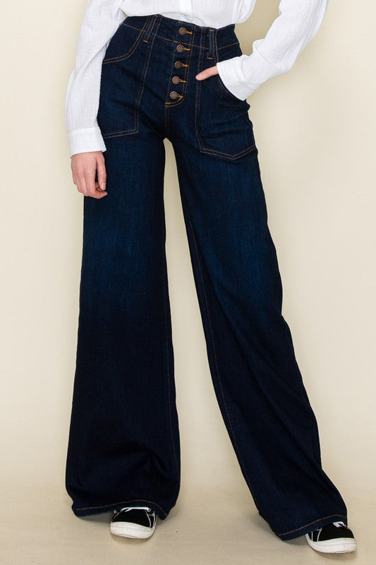 Women's High Waist Vintage Flare Wide Leg Denim Jeans