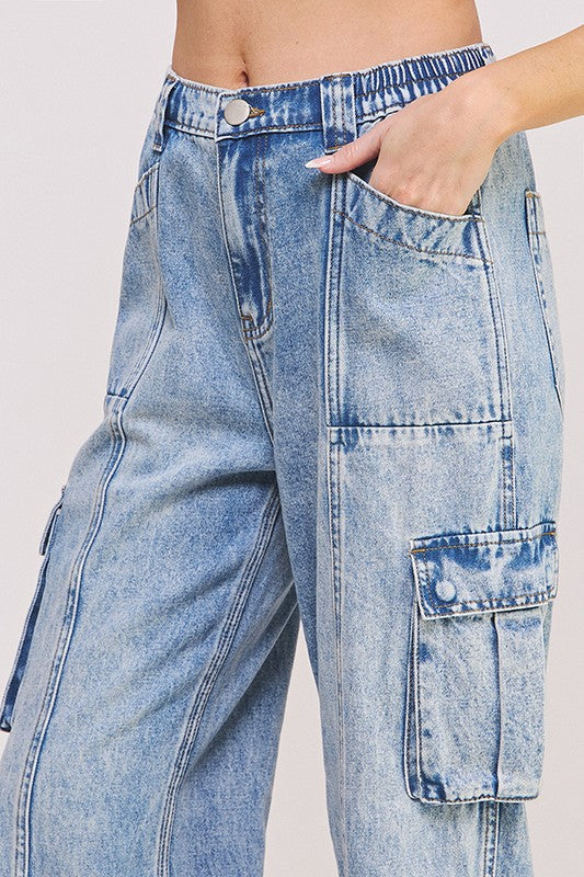 Women's High Waist Baggy Denim Cargo Trousers