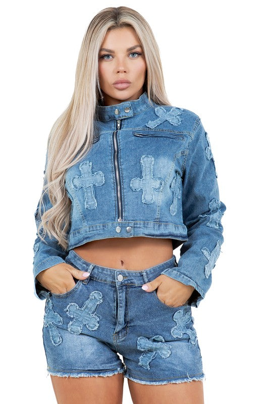 Women's Casual Denim Jacket and Shorts Set