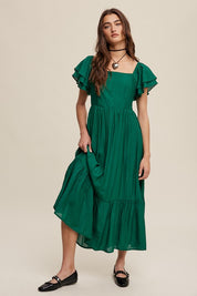 Women's Square Neck Ruffled Short Sleeve Maxi Dress