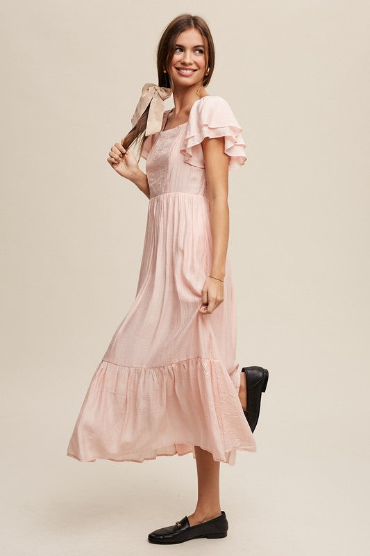 Women's Square Neck Ruffled Short Sleeve Maxi Dress