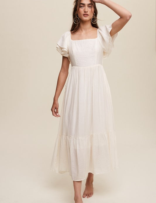 Square Neck Ruffled Short Sleeve Maxi Dress