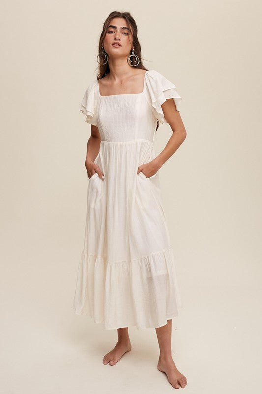 Women's Square Neck Ruffled Short Sleeve Maxi Dress