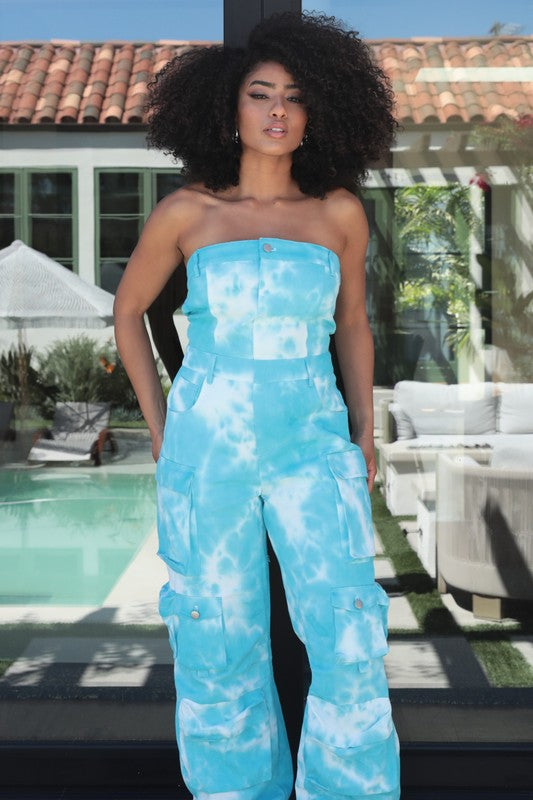 Women's Strapless Sky Blue Tie-Dye Utility Jumpsuit