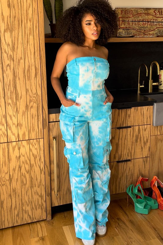 Women's Strapless Sky Blue Tie-Dye Utility Jumpsuit