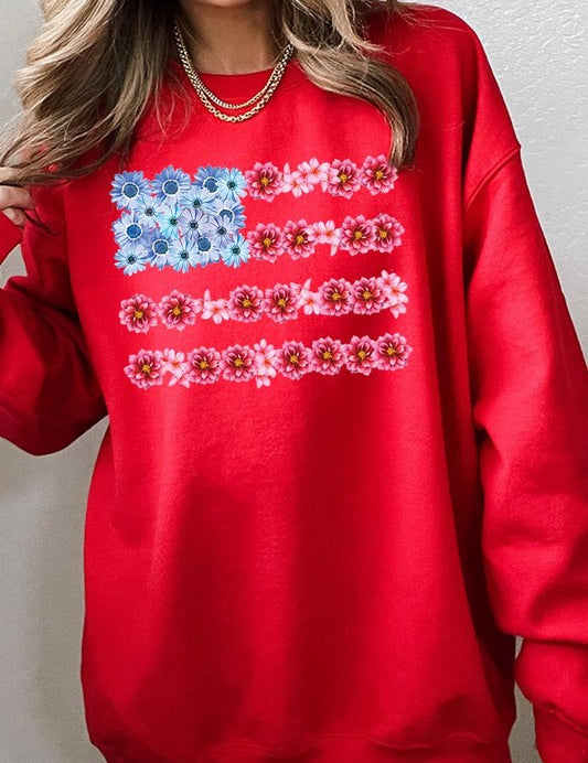 Flower USA Flag Graphic Fleece Sweatshirts