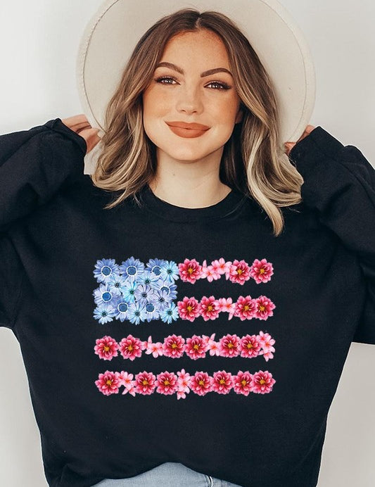 Flower USA Flag Graphic Fleece Sweatshirts