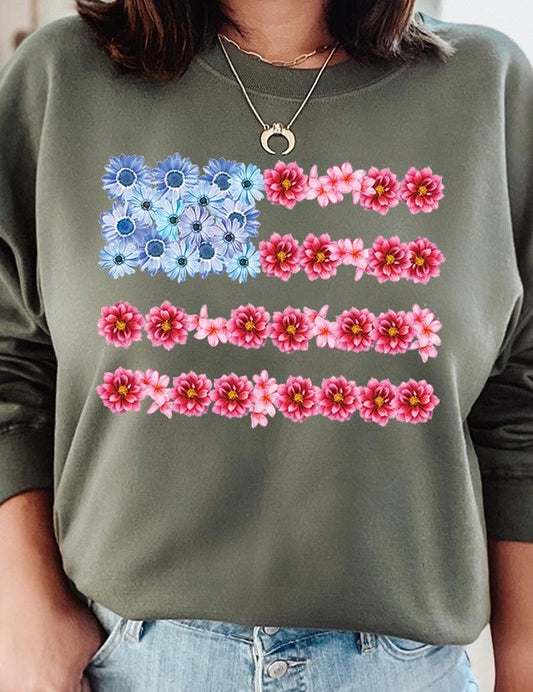 Flower USA Flag Graphic Fleece Sweatshirts