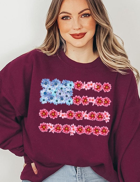 Flower USA Flag Graphic Fleece Sweatshirts