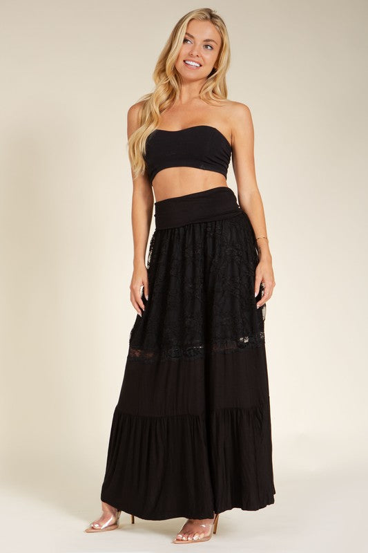 Women's Casual Lace Tiered Ruffle Maxi Skirt