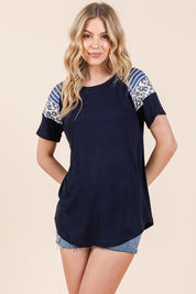 Women's Casual Round Neck Ribbed Jersey Top with Contrasted Sleeves