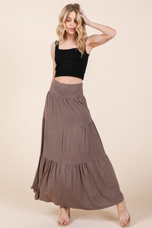 Women's Solid Tiered Ruffle Skirt with Foldover Waistband