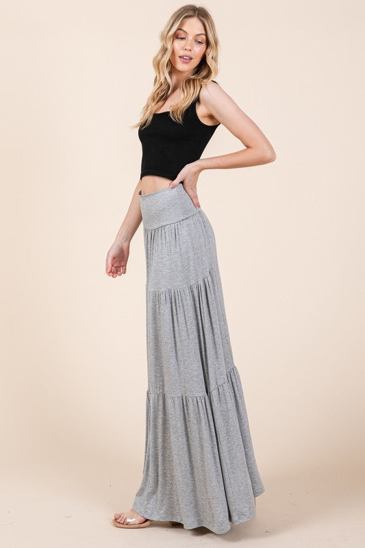 Women's Solid Tiered Ruffle Skirt with Foldover Waistband