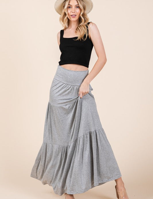 Women's Solid Tiered Ruffle Skirt with Foldover Waistband