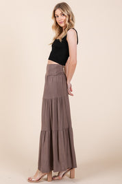 Women's Solid Tiered Ruffle Skirt with Foldover Waistband