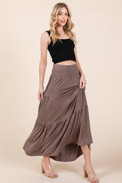 Women's Solid Tiered Ruffle Skirt with Foldover Waistband