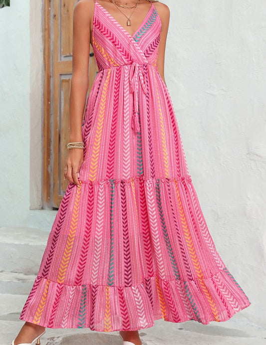 Pink Tribal Tassel Tie V Neck Surplice Maxi Dress