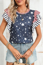 Women's Flag Stripe Ruffle Sleeve Star Shirt