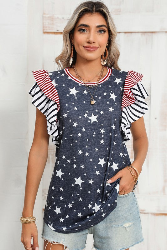 Women's Flag Stripe Ruffle Sleeve Star Shirt