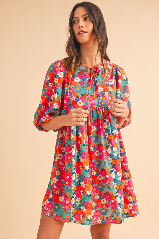 Women's Floral Bubble Sleeve Babydoll Dress