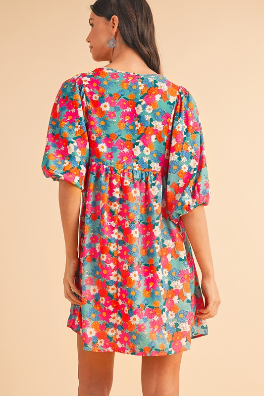 Women's Floral Bubble Sleeve Babydoll Dress