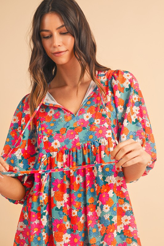 Women's Floral Bubble Sleeve Babydoll Dress