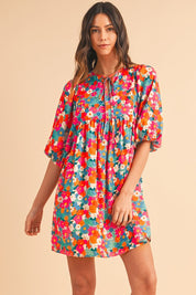 Women's Floral Bubble Sleeve Babydoll Dress