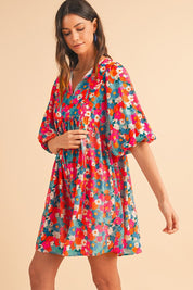 Women's Floral Bubble Sleeve Babydoll Dress