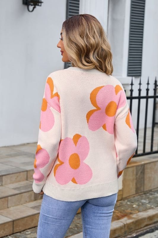 Women's Round Neck Big Flower Knit Sweater