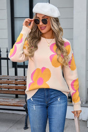 Women's Round Neck Big Flower Knit Sweater