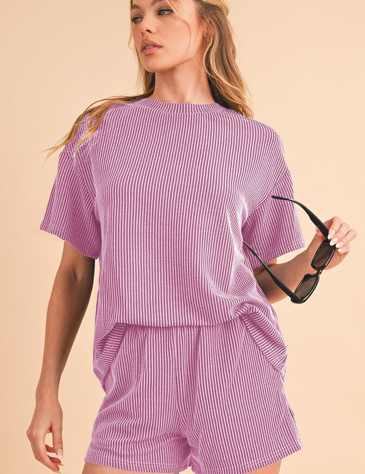 Women's Ribbed Knit Loose Fit Tee and Shorts Set