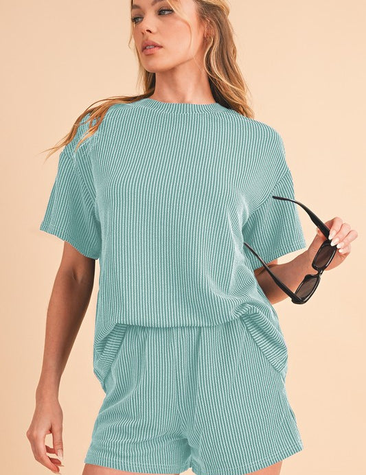 Women's Ribbed Knit Loose Fit Tee and Shorts Set