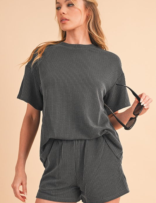 Women's Ribbed Knit Loose Fit Tee and Shorts Set