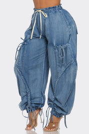 Women's Relaxed Fit Denim Cargo Pants with Drawstring