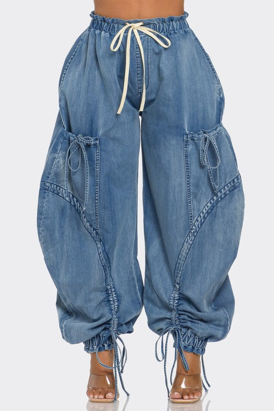 Women's Relaxed Fit Denim Cargo Pants with Drawstring