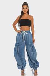 Women's Relaxed Fit Denim Cargo Pants with Drawstring