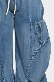 Women's Relaxed Fit Denim Cargo Pants with Drawstring