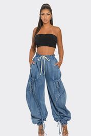 Women's Relaxed Fit Denim Cargo Pants with Drawstring