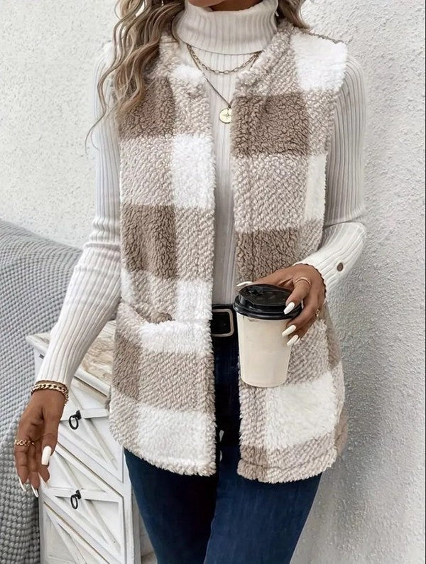 Women's Cozy Sherpa Plaid Vest