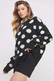 Plus Size Polka Dot Long Sleeve Knit Sweater