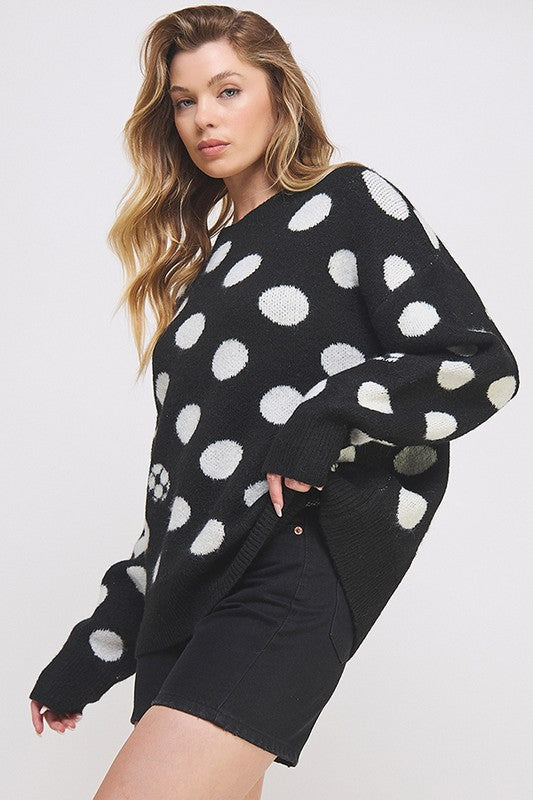 Plus Size Polka Dot Long Sleeve Knit Sweater