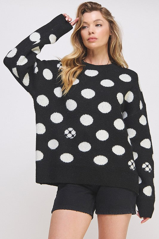 Plus Size Polka Dot Long Sleeve Knit Sweater