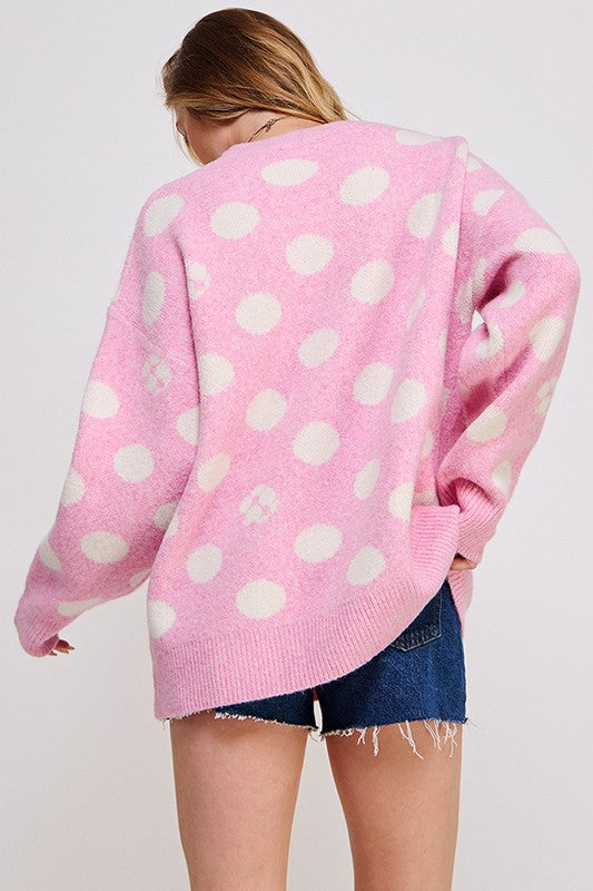 Plus Size Polka Dot Long Sleeve Knit Sweater