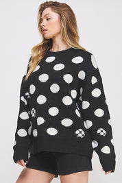 Plus Size Polka Dot Long Sleeve Knit Sweater