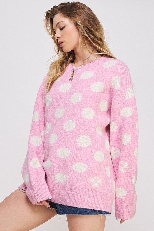 Plus Size Polka Dot Long Sleeve Knit Sweater