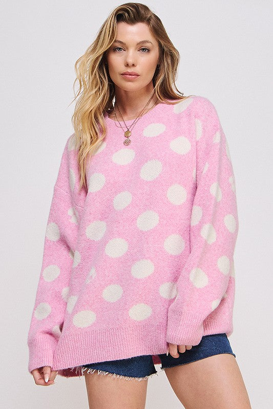 Plus Size Polka Dot Long Sleeve Knit Sweater